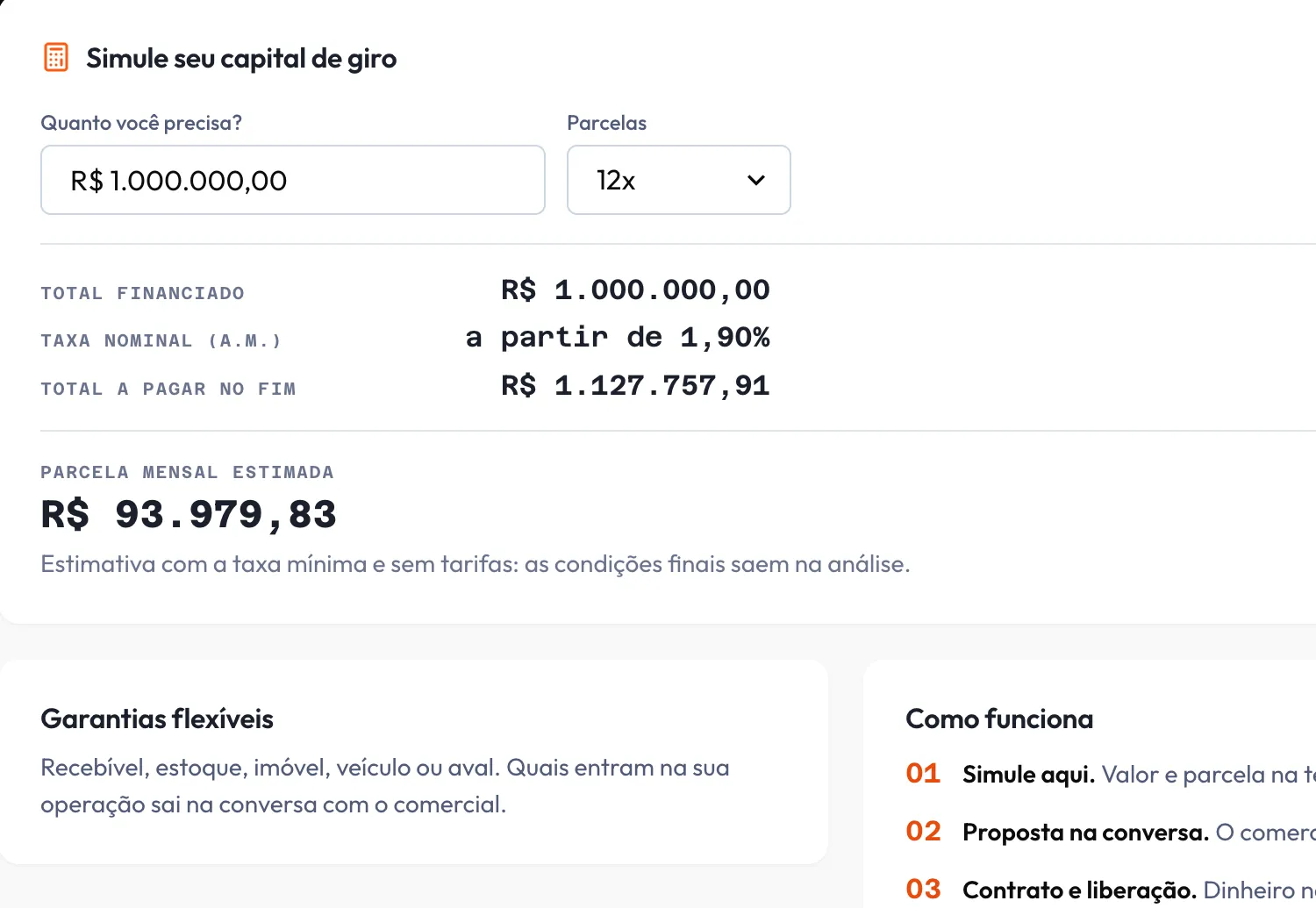 Tela de capital de giro no Portal: simulação com valor, parcelas e a parcela mensal estimada a partir de 1,90% ao mês